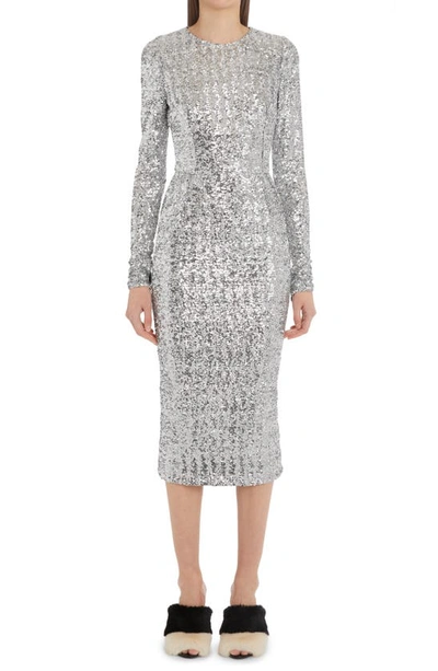 Dolce & Gabbana Silver Sequinned Long Sleeve Midi Dress In Argento