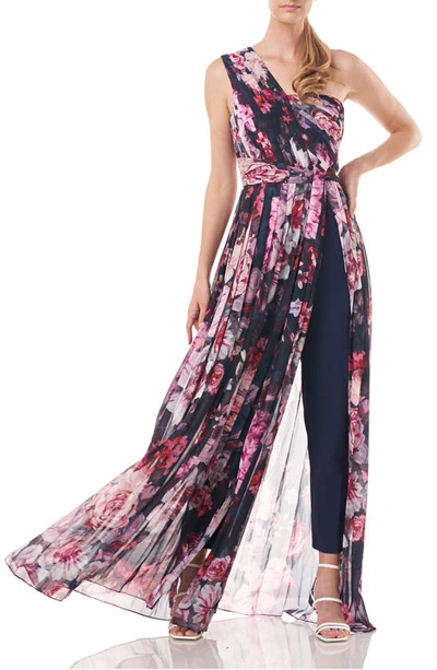 Kay Unger Pleated Floral-print Walk-thru Jumpsuit In Blue