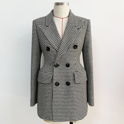 Pre-owned Fashion Pioneer 2021 Damen Designer Inspiriert Schwarz Wollmischung Hundezahn Blazer Mantel