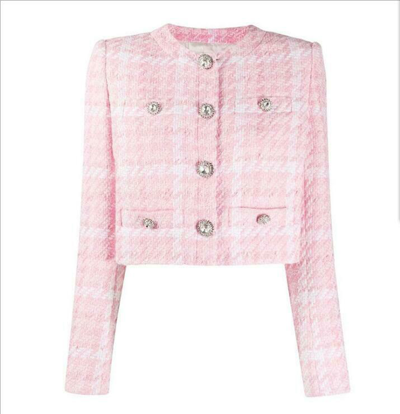 Pre-owned Fashion Pioneer Damen Designer Inspiriert Schmuck Knöpfe Tweed Pink Kurzer Blazer