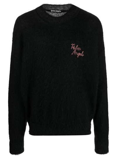 Palm Angels Black Sweater With Patent-effect Palm Inlay In Nero