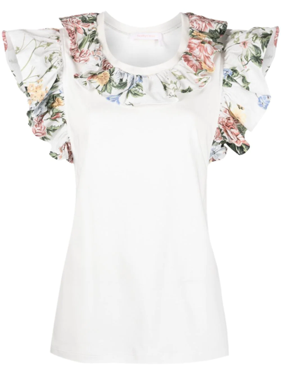 See By Chloé Ruffled Floral-print Cotton-blend Jersey Top In White