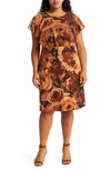 CONNECTED APPAREL FLORAL CHIFFON CAPE OVERLAY MIDI DRESS
