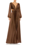 Ieena For Mac Duggal Pleated Long Sleeve Cut Out Gown In Espresso