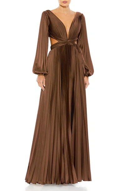 Ieena For Mac Duggal Pleated Long Sleeve Cut Out Gown In Espresso