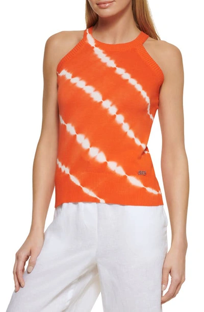 Dkny Tie Dye Cutaway Shoulder Sleeveless Cotton Sweater In Molton Orange Combo