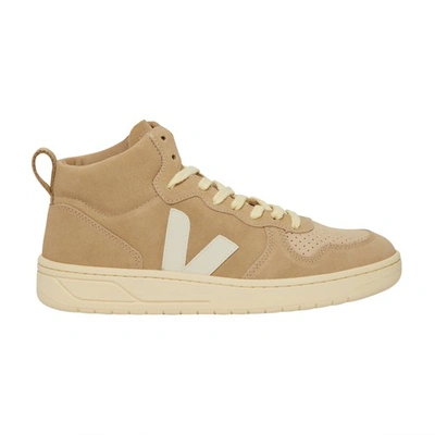 Veja V-15 Bicolor Mixed Leather High-top Sneakers In Brown