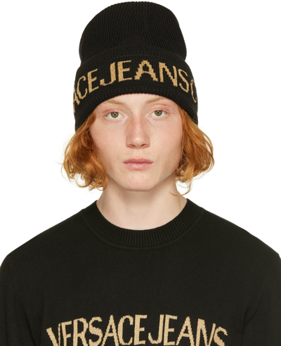 Versace Jeans Couture Black & Gold Logo Beanie In Eg89 Black/gold