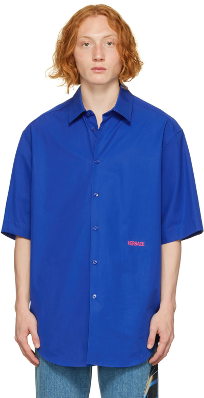 Versace Contrast-logo Poplin Bowling Shirt In Blau