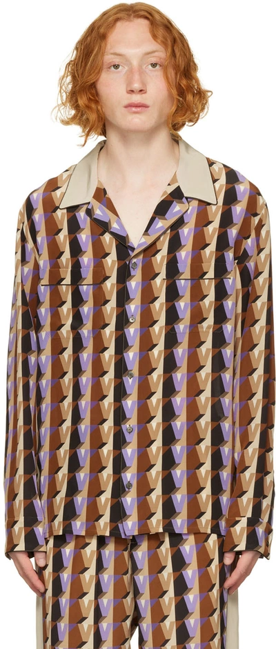 Valentino Men's Allover V-logo Silk Pajama Shirt In St. V Cubo Viola/marrone