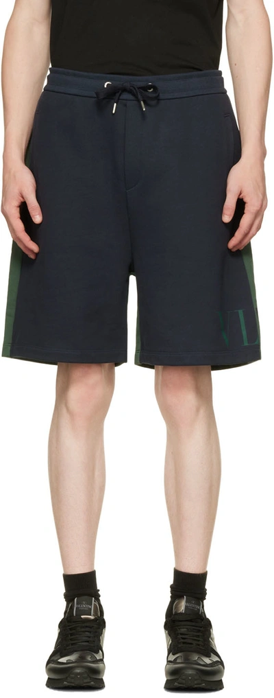 Valentino Navy & Green 'vltn' Shorts In 7kv Navy/english Gre