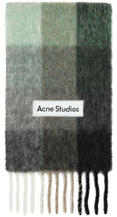 Acne Studios Main Vally Checkered Fringe Scarf In Green/grey/black