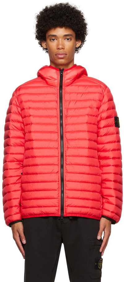 Stone Island Panelled Down Hooded Jacket In Red