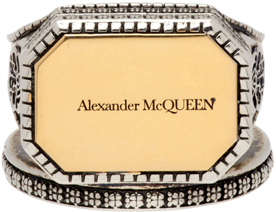 Alexander Mcqueen Signet Ring With Gold-colored Plaque In Silver