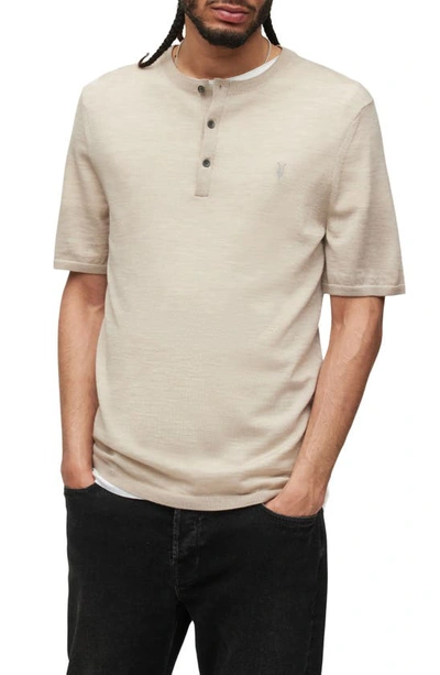 Allsaints Mode Merino Wool Embroidered Logo Slim Fit Henley In Oat Taupe