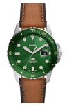 Fossil Dayliner Leather Strap Watch, 42mm In Brown/silver/green