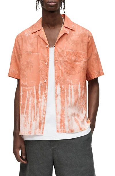 Allsaints Hera Palm Short Sleeve Button-up Camp Shirt In Scorched Orange