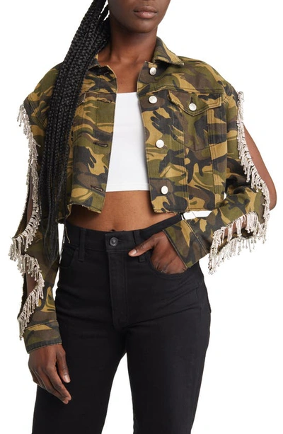 Azalea Wang Crystal Embellished Fringe Camo Print Jacket In Green