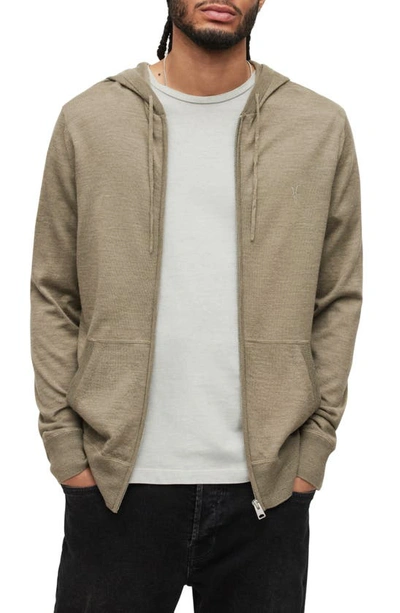 Allsaints Mode Merino Wool Embroidered Logo Regular Fit Full Zip Hoodie In Ash Green