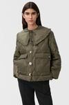 Ganni Ripstop Recycled Quilted Oversized Ruffle Collared Jacket In Kalamata
