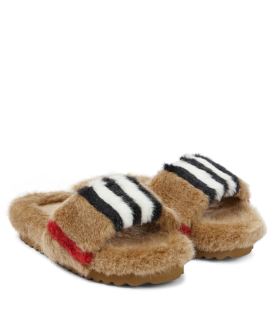 Burberry Kids Brown Faux-fur Sandals In Archive Beige