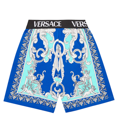 Versace Kids' Baroque Cotton Jersey Shorts In Blue
