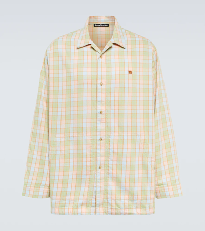 Acne Studios Face Patch Check Organic Cotton Flannel Button-up Shirt In Orange / Beige