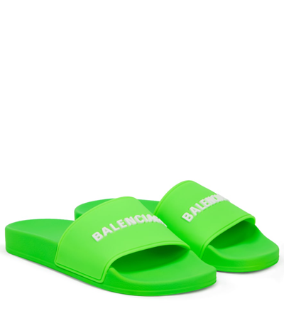 Balenciaga Pool Logo-embossed Neon Rubber Slides In Green White