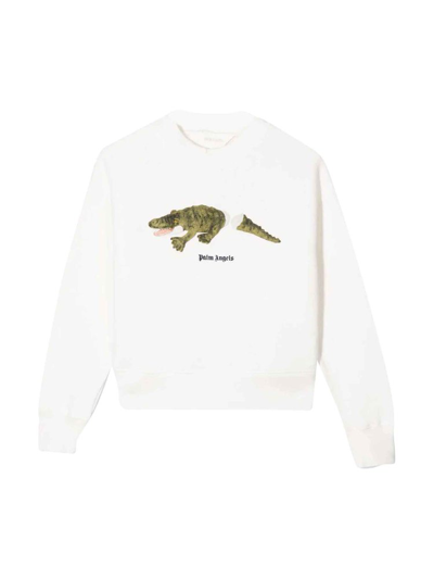 Palm Angels Kids' Crocodile-print Crew-neck Sweatshirt In White