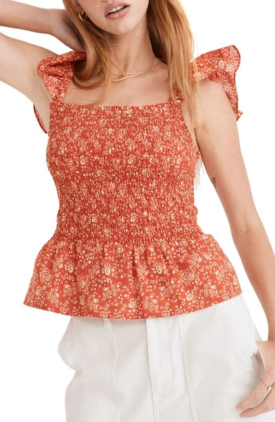 Madewell Lucie Floral Smocked Peplum Top In Fresh Chili