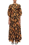 Jonathan Simkhai Ames Collage Floral Print Three Quarter Sleeve Midi Dress In Black Print