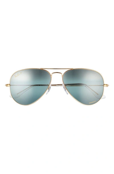 Ray Ban 55mm Polarized Pilot Sunglasses In Silver/ Blue
