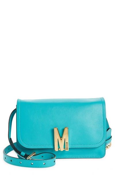 Moschino Large M Logo Leather Crossbody Bag In Aqua