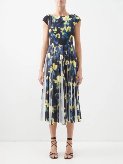 Jason Wu Collection Blur Iris Floral Pleated Chiffon Midi Dress In Black Yellow