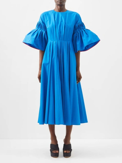 Roksanda Iosefena Gathered-sleeve Cotton Midi Dress In Atlantic Blue