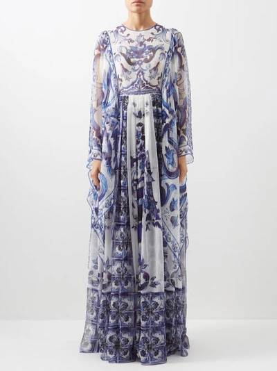 Dolce & Gabbana Blu Mediterraneo Painterly Kimono-sleeve Maxi Dress In Tris Maioliche