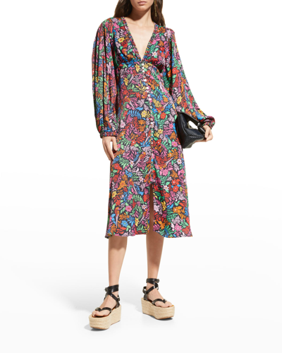 Farm Rio Tropical Garden Puff-sleeve Midi Dress | ModeSens