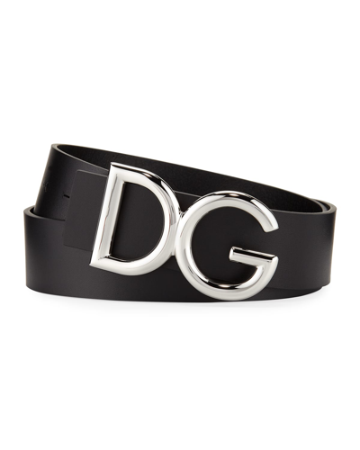 Dolce & Gabbana Men's Leather Belt With Logo-plate Buckle In Black