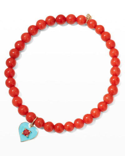 Sydney Evan Peach Coral Bracelet With Enamel Heart Charm