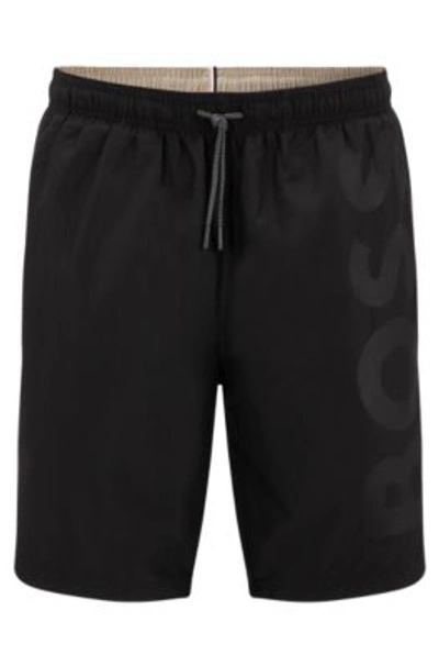 Hugo Boss Logo-embossed Swim Shorts In Recycled Material In Black