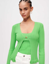 Maje Ribbed Knit Cardigan With Frill In Green