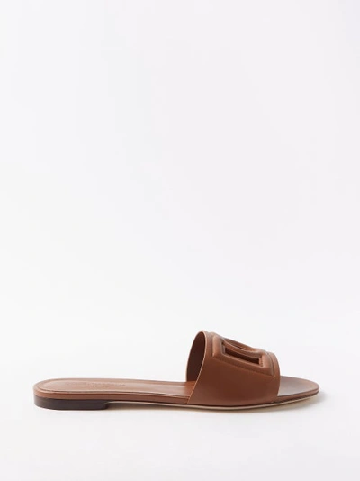 Dolce & Gabbana Logo Cutout Leather Slides In Brown