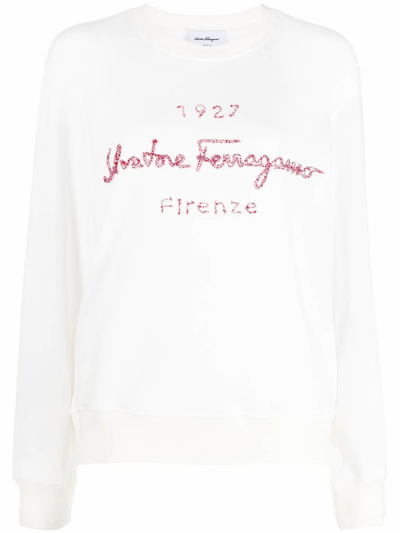 Ferragamo 1927 Logo Embroidery Crew-neck Sweatshirt In White