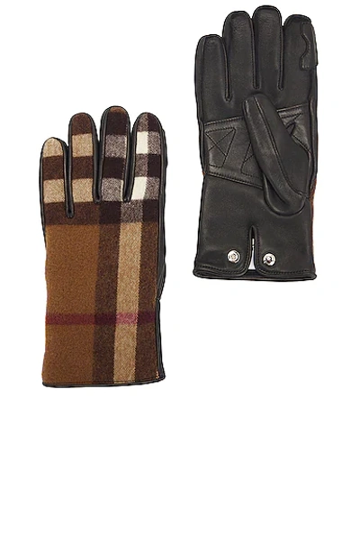 Burberry Wool And Leather House Check Gloves In Birch Brown