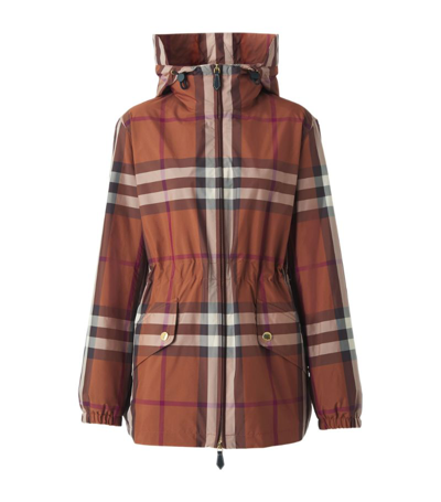 Burberry Check Lightweight Hooded Parka In Brown