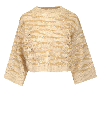 Brunello Cucinelli Sequin-embellished Knitted Cropped Jumper In Beige