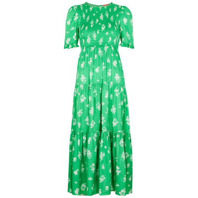 Kitri Gracie Green Floral-print Satin Midi Dress