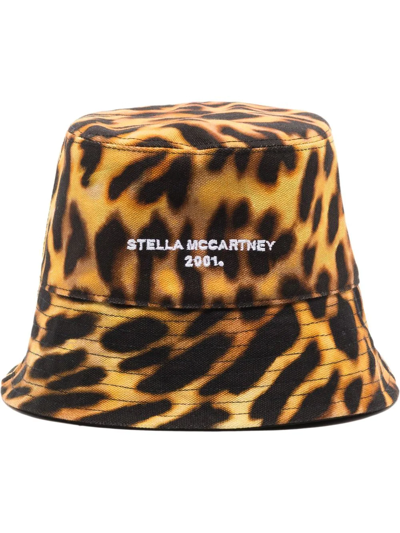 Stella Mccartney Orange Leopard Print Logo Cotton Bucket Hat In Multicolor