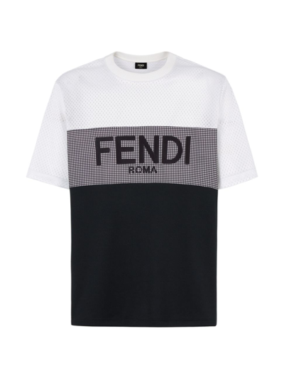 Fendi Logo Houndstooth Perforated Jersey T-shirt In Multicolor