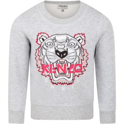 Kenzo Kids' Grey Sweatshirt For Girl With Tiger In Grigio Antico